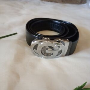 G Embossed Silver Black Leather Belt Waist 40-42  Size L 48/1200